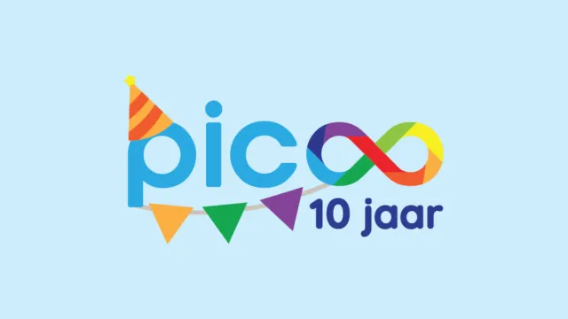 Picoo 10 jaar logo met feesthoedje en vlaggetjes