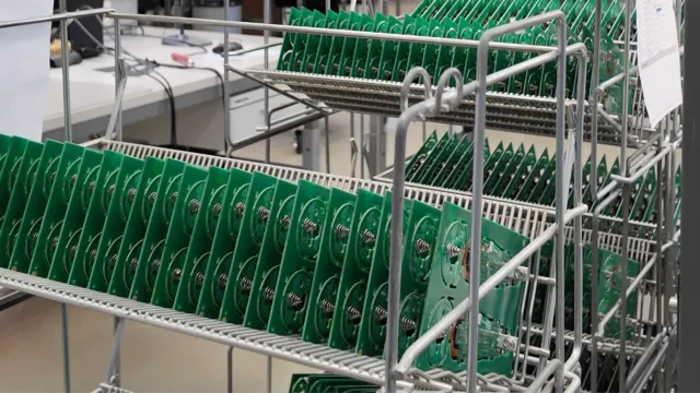 Rekken vol printplaten voor de Picoo-controller in de productiehal